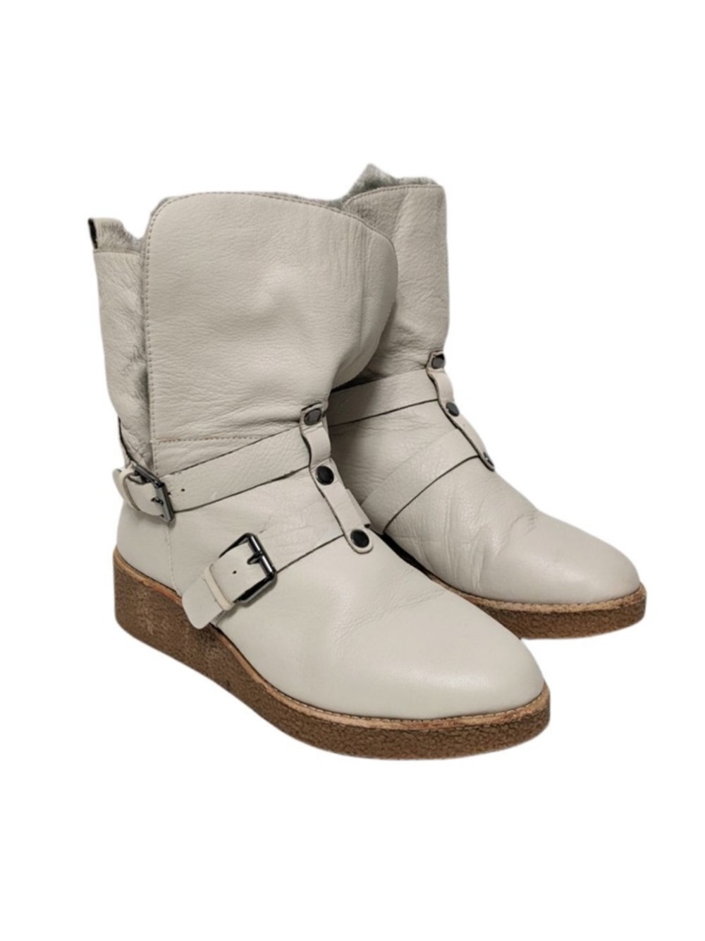 REBECCA MINKOFF Perry Leather Fur Lined Foldover Buckle Boots 8.5